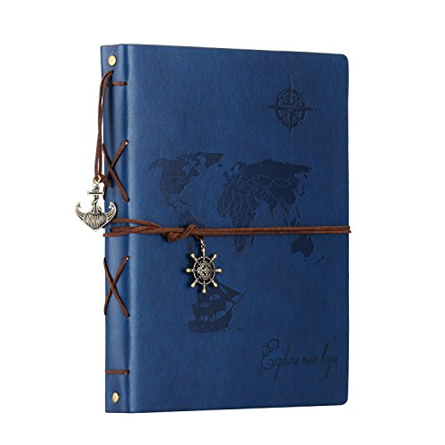 SEEALLDE Álbumes de Fotos, Álbum de Recortes de Cuero de Viaje Mapa del Mundo Vintage DIY Recargable Libro de Memoria Autoadhesiva Cumpleaños Especial Boda para el Padre Novio (Azul, L)