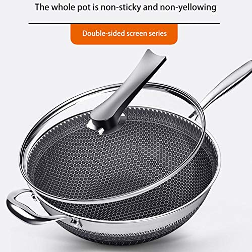 seraphicar Sartén Antiadherente, Sartén Wok De Panal De Acero Inoxidable Sartén De Aceite para Freír Sin Humo con Tapa De Vidrio Sartén De Cocina Utensilios De Cocina