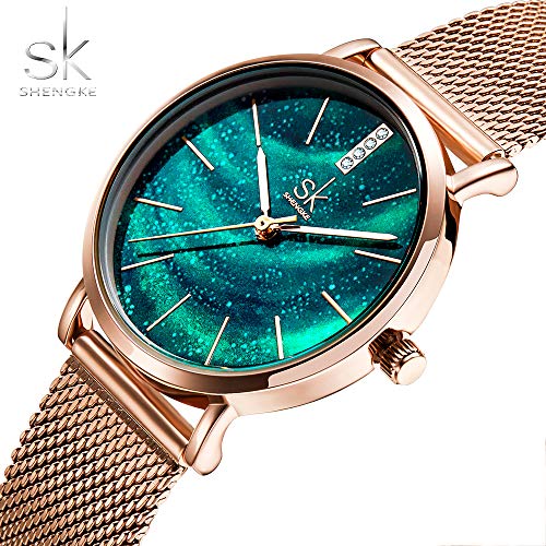 SHENKGE Relojes de Mujer Luxury Starry Sky Dial Correa de Malla de Acero Inoxidable Ultrafina Movimiento de Cuarzo Relojes para niñas, Verde