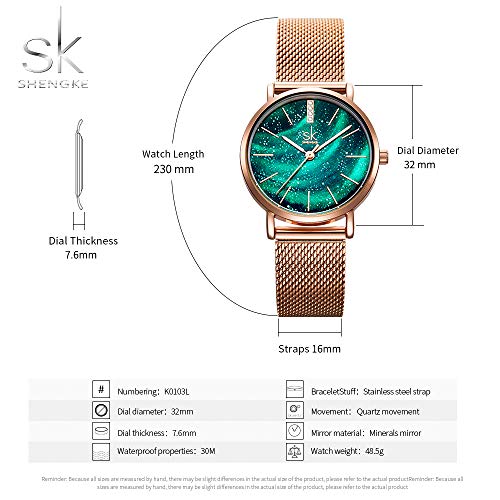 SHENKGE Relojes de Mujer Luxury Starry Sky Dial Correa de Malla de Acero Inoxidable Ultrafina Movimiento de Cuarzo Relojes para niñas, Verde