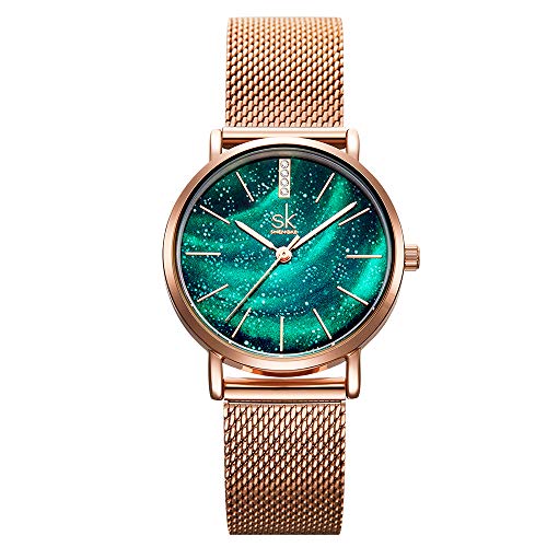 SHENKGE Relojes de Mujer Luxury Starry Sky Dial Correa de Malla de Acero Inoxidable Ultrafina Movimiento de Cuarzo Relojes para niñas, Verde