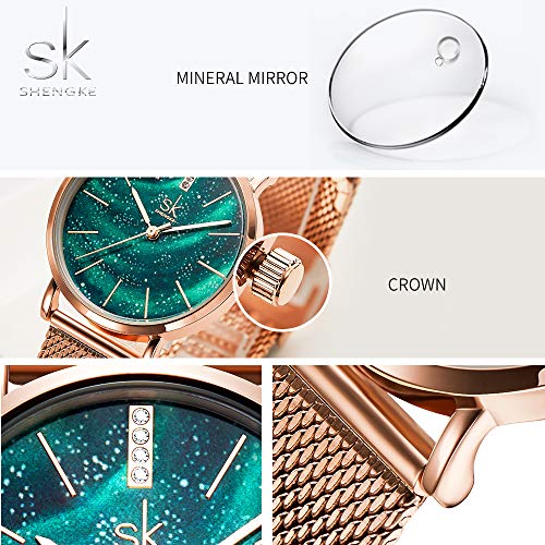 SHENKGE Relojes de Mujer Luxury Starry Sky Dial Correa de Malla de Acero Inoxidable Ultrafina Movimiento de Cuarzo Relojes para niñas, Verde