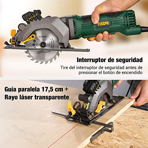 Sierra Circular, TECCPO 480W Mini Sierra Circular, Velocidad 3500RPM, Con Luz Láser, Motor de Cobre Puro, 115mm Diámetro de Hoja de Sierra, Cortar Madera, Ángulo Ajustable a 45 °- TAMS24P