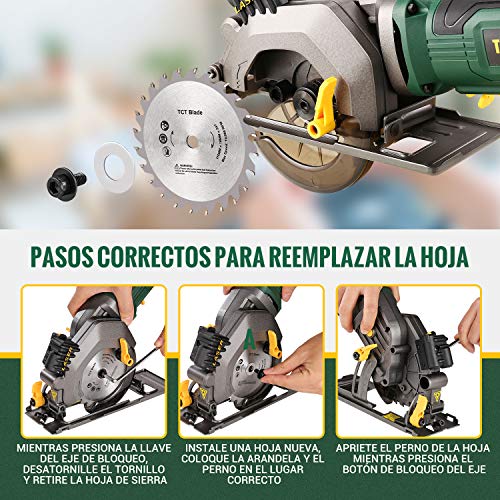 Sierra Circular, TECCPO 480W Mini Sierra Circular, Velocidad 3500RPM, Con Luz Láser, Motor de Cobre Puro, 115mm Diámetro de Hoja de Sierra, Cortar Madera, Ángulo Ajustable a 45 °- TAMS24P
