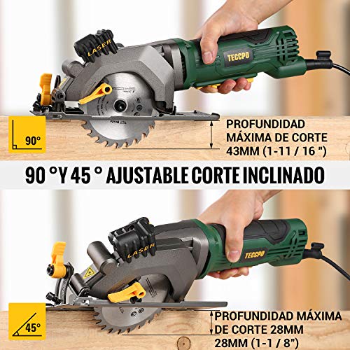 Sierra Circular, TECCPO 480W Mini Sierra Circular, Velocidad 3500RPM, Con Luz Láser, Motor de Cobre Puro, 115mm Diámetro de Hoja de Sierra, Cortar Madera, Ángulo Ajustable a 45 °- TAMS24P