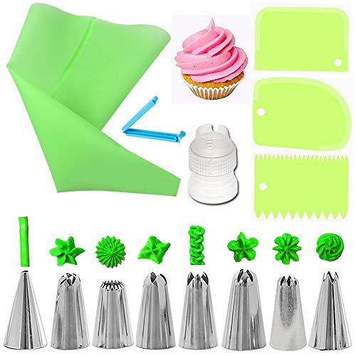 Sjzwt 14 Piezas de formación de Hielo Herramientas de tuberías Boquillas Conjunto de Bricolaje Bicarbonato de Crema pastelera Bolsa de decoración de la Torta del Acero Inoxidable (Color : Green)