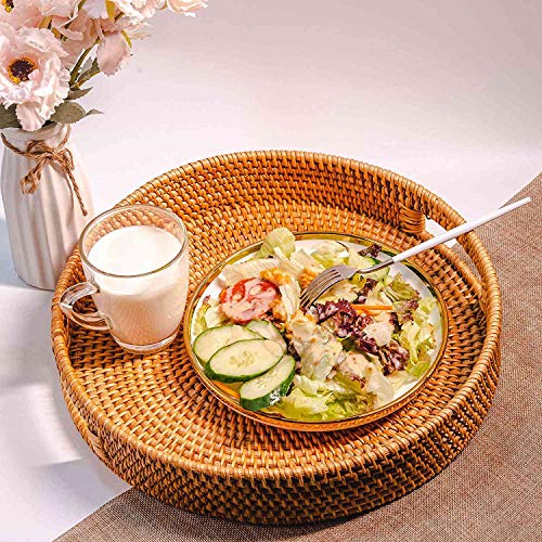 SODIAL Bandeja de Corte de Pared Alta Redonda Tejida una Mano de Ratán Platos de Almacenamiento de Alimentos Plato sobre Asas para Desayuno Bebidas Merienda