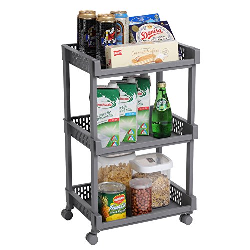 SONGMICS Carrito de Cocina con Ruedas, Estantería de 3 Niveles, 61 cm de Alto, para Cocina, Oficina, Baño, Gris KSC03GY