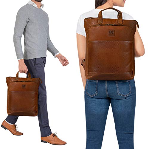 STILORD 'Dwight' Mochila de Cuero Grande Vintage Hombres Mujeres Mensajero para MacBook de 16 Pulgadas para Laptop Moderno Cuero Genuino, Color:Mesh - marrón