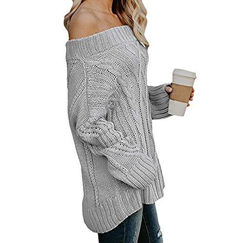 Suéter Mujer,ZARLLE Moda Oferta Liquidación Sudadera para Mujer Cuello Redondo Sólido Off Shoulder Suelto Cable Prendas de Punto Invierno Manga Larga Tops Jersey Largo Pullover Blusa