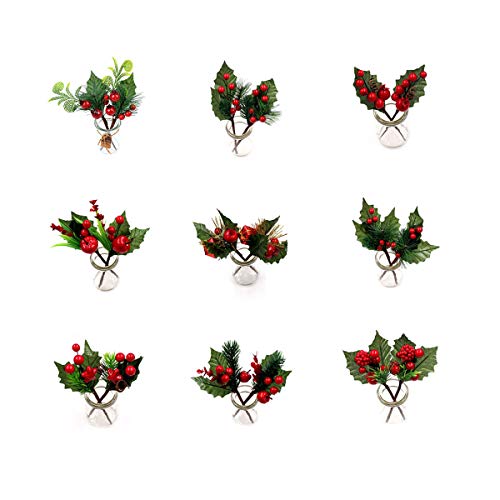SUREH 9pick Holly Navidad rojo bayas 16,5 cm Artificial rojo hojas de acebo baya picks mini tallos de baya roja para vacaciones manualidades árbol de Navidad y corona