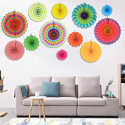 Sweetone Decoración de la Fiesta，12 piezas Abanicos de Papel Bola de Nido Pom Poms Ventilador de Papel para Colgar Decoración para Cumpleaños Boda Carnaval Bebé Ducha Home Party Supplies Decoración