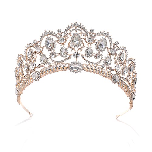 SWEETV Oro Rosa Corona Cumpleaños Mujer y Niña - Corona Princesa Reina, Diadema Novia para Navidad, Halloween