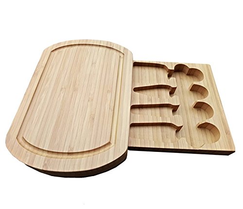 Tabla de queso de madera de bambú respetuosa con el medio ambiente, con laminador, cuchillo, tenedor, cajón, regalo ideal