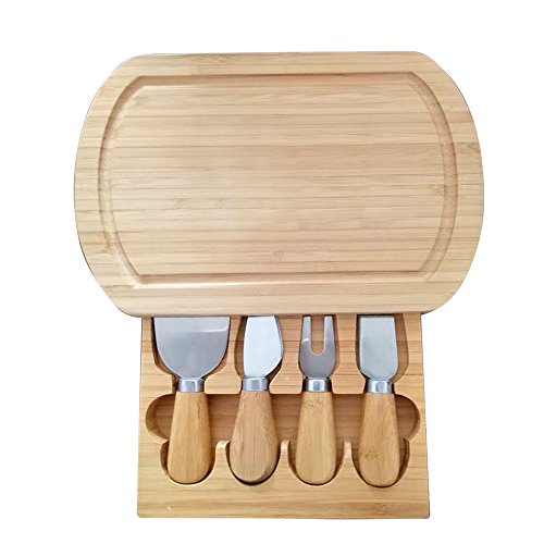 Tabla de queso de madera de bambú respetuosa con el medio ambiente, con laminador, cuchillo, tenedor, cajón, regalo ideal