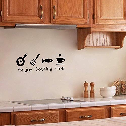 Taza de arte negro pescado espátula palabras de la letra olla calcomanías para la cocina disfrutar de tiempo de cocción en casa vinilo removible decoración