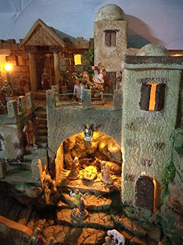 TL-COMPANY - Pesebre artesanal completo, hecho a mano, pieza única, con figuras de personajes «Capania». Casetas de luces LED profesionales de poliestireno y corcho de madera. Regalo de Navidad.