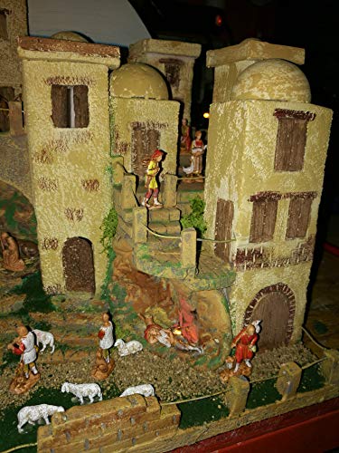 TL-COMPANY - Pesebre artesanal completo, hecho a mano, pieza única, con figuras de personajes «Capania». Casetas de luces LED profesionales de poliestireno y corcho de madera. Regalo de Navidad.