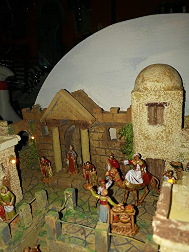 TL-COMPANY - Pesebre artesanal completo, hecho a mano, pieza única, con figuras de personajes «Capania». Casetas de luces LED profesionales de poliestireno y corcho de madera. Regalo de Navidad.