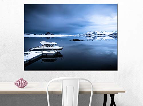 Topquadro Cuadro Imagen sobre Lienzo 70x50cm, Islas Lofoten Noruega, Barco y Yate, Lago Congelado, Invierno y Nieve - Decoración de Pared - Una Pieza