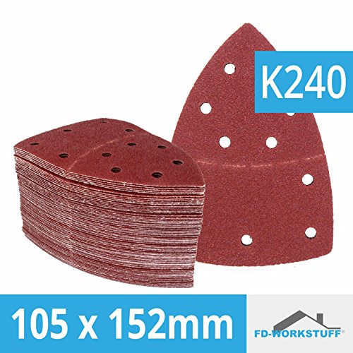 Triángulos de Molienda Prio │ 50 piezas │ 11 agujeros │ 105 x 152 mm │ grano 240 │ para poliquenales │ Cuchillas de Molienda │ Almohadillas de Molienda Triangulares │ Papel de Molienda │ Hojas de Lija