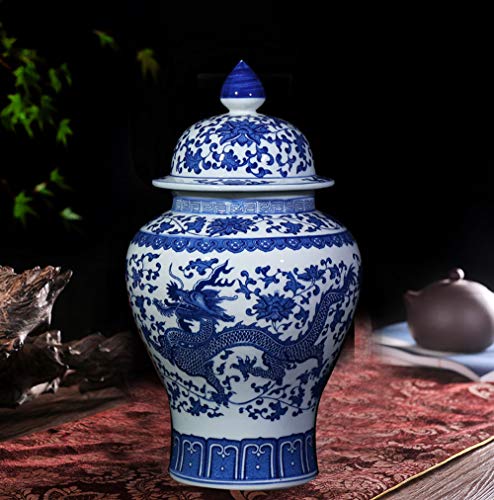 ufengke Jingdezhen Jarrón de Porcelana Azul y Blanco,Florero de dragón,Estilo de China Ming,15"(38cm) Altura
