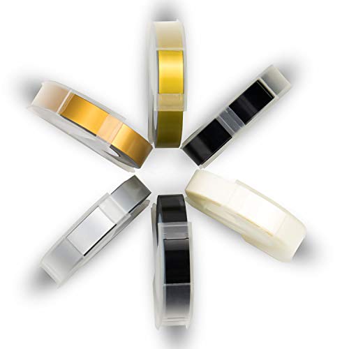 UniPlus 3D Cintas de Etiquetas Compatible para Dymo 9mm Embossing Impresora Blanco Sobre Negro/Oro/Champagne Gold/Plata/Transparente 9mm x 3m para Dymo Junior Máquina de Gofrado, Paquete de 6