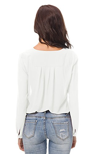 Urban GoCo Blusa de Gasa con Escote en V Mangas Largas y el Dobladillo en el Hombro para Mujeres (M, Blanco)
