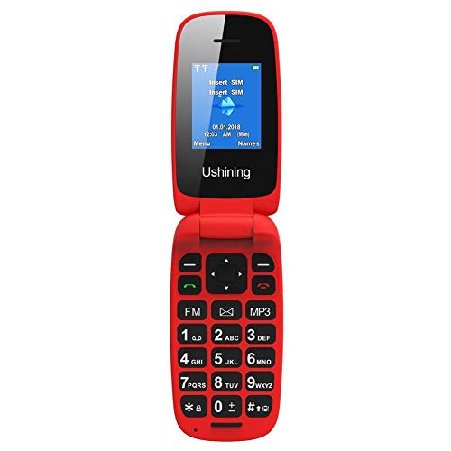Ushining Teléfono Móvil Libre, Teléfono Móvil para Personas Mayores Teclas Grandes con Tapa Pantalla de 1,8 Pulgadas (Dual SIM, Cámara, Bluetooth, Reproductor MP3) - Rojo
