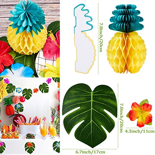 VAMEI Decoraciones de fiesta Hawái Hojas de palmera Globos de piña con feliz cumpleaños Guirnalda Flamenco Cupcake Topper Seda Flor de hibisco para decoraciones de fiesta en el jardín