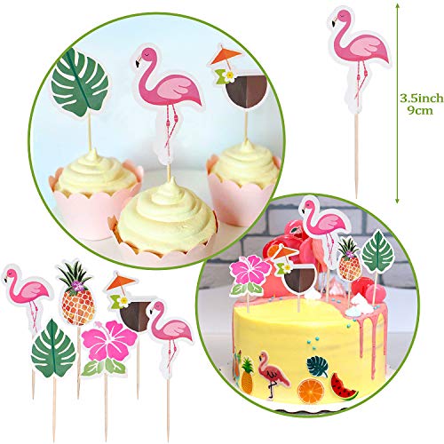 VAMEI Decoraciones de fiesta Hawái Hojas de palmera Globos de piña con feliz cumpleaños Guirnalda Flamenco Cupcake Topper Seda Flor de hibisco para decoraciones de fiesta en el jardín