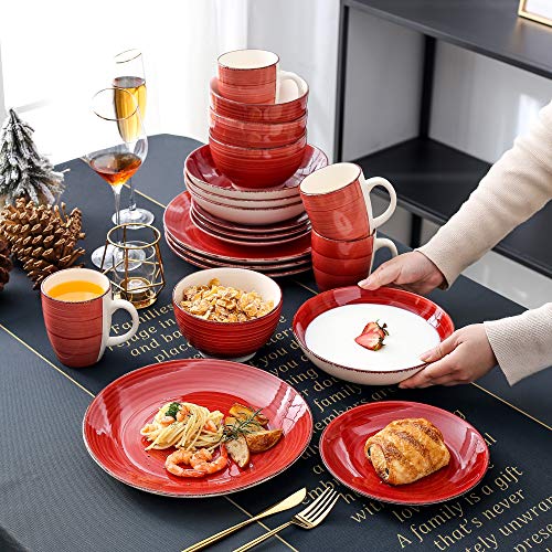 vancasso Serie Bella Rojo Juego de Vajillas 20 pcs Vajillas Gres, Platos de Cena/Postre, Platos Hondos, Cuencos, Tazas Vajillas para 4 Personas Vintage Estilo