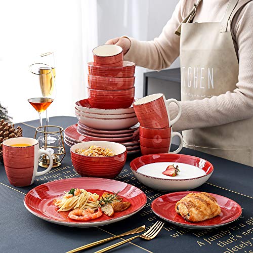 vancasso Serie Bella Rojo Juego de Vajillas 20 pcs Vajillas Gres, Platos de Cena/Postre, Platos Hondos, Cuencos, Tazas Vajillas para 4 Personas Vintage Estilo