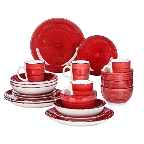 vancasso Serie Bella Rojo Juego de Vajillas 20 pcs Vajillas Gres, Platos de Cena/Postre, Platos Hondos, Cuencos, Tazas Vajillas para 4 Personas Vintage Estilo