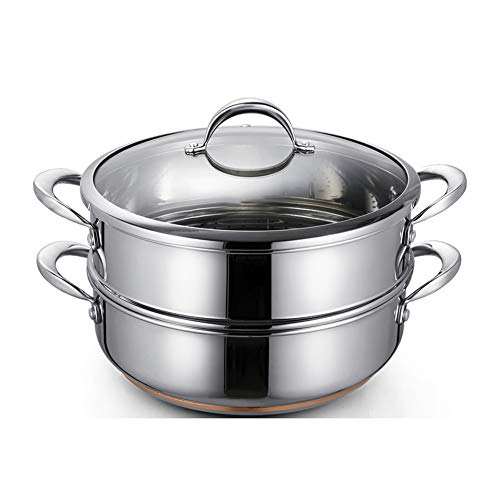 Vaporizador de alimentos de 28 cm, 2 niveles Sartén/caldo Vaporizador con tapa de vidrio y acabado de espejo pulido - Compatible con inducción，vaporera