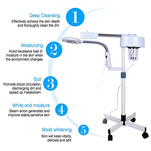 Vaporizador Facial Profesional Máquina de Vapor de Belleza con LED Lámpara de Aumento 3X con Ruedas de Spa por Belleza y Tatuaje Salón