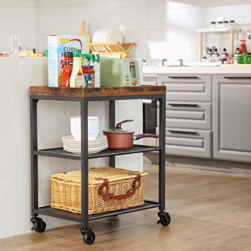 VASAGLE Carro de Cocina Estilo Industrial, Fijo o con Ruedas Universales, Estante de Cocina con Estantes de Malla Metálica, 60 x 40 x 75 cm, Marrón Vintage LRC75BX