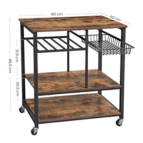 VASAGLE Estantería de Cocina con Ruedas, Carrito de Cocina, con Cesta de Malla Metálica, Portabotellas y Estantes, 80 x 40 x 86,5 cm, Estilo Industrial, Marrón Rústico KKS80X