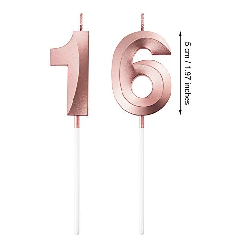 Velas de Cumpleaños 16 Velas de Numeros de Pastel Topper Decoración de Pastel de Feliz Cumpleaños para Fiesta de Cumpleaños Boda Aniversario Celebración (Oro Rosa)