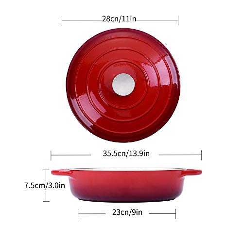 Velaze Cazuela de Hierro Fundido, Cacerola de Inducción, Cocotte Olla Ovalada con Revestimiento Esmaltado y Tapa, Rojo(3,5L)