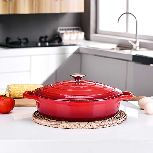 Velaze Cazuela de Hierro Fundido, Cacerola de Inducción, Cocotte Olla Ovalada con Revestimiento Esmaltado y Tapa, Rojo(3,5L)