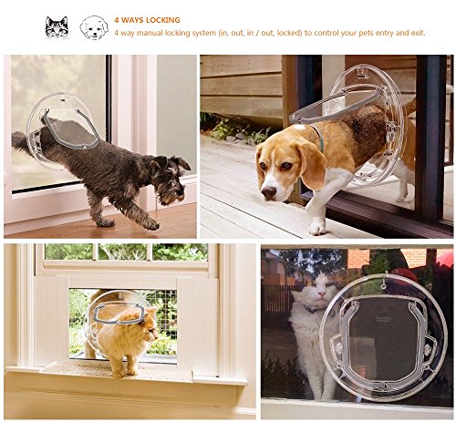 Ventana puerta de mascota de 4 vías con cerradura para gato, cachorro perro puerta con cerradura, puerta redonda transparente para ventana de pantalla puerta corredera de cristal ventana de cristal