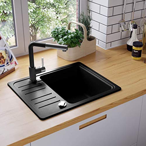 vidaXL Fregadero Cocina 1 Seno Negro Granito Fregadero Lavabo Caño Lavaplatos