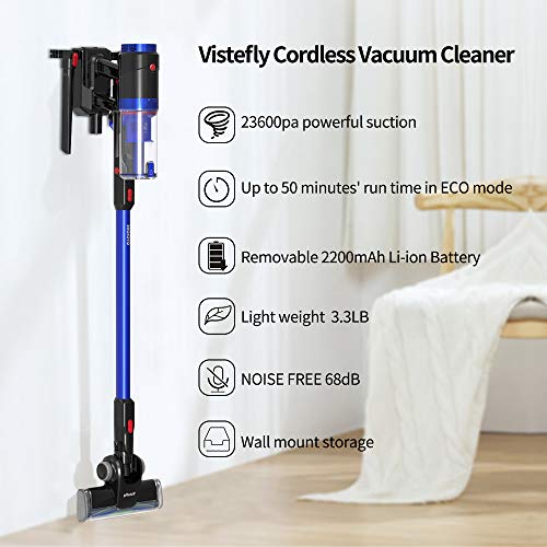 Vistefly Aspiradora sin Cable Potente 23.6kPa,250W Motor sin escobillas,batería Ion-Litio extraíble y Recargable 50 mins,Aspiradora Escoba Sin Cables