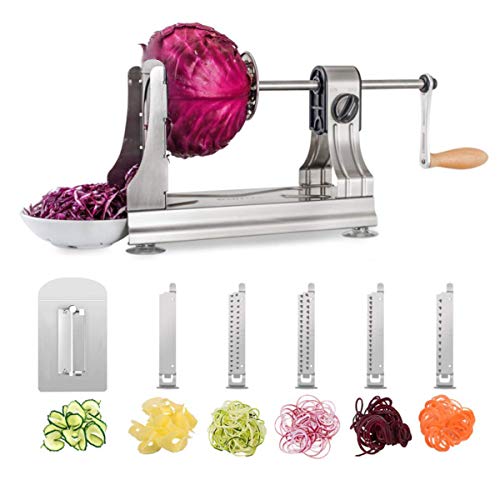 WellToBe CS-668 Cortador de Verduras en Espiral,Espiralizador de Verduras, Rallador Verduras de 6 Cuchillas en Acero Inoxidable,Herramienta de Cocina para Crear Pasta Vegetal y espagueti calabacín