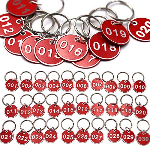 Wenxiaw Etiquetas de Identificación Numeradas Etiquetas de Aluminio para Llaveros para Casilleros Supermarket Hotel Etiqueta de Equipaje Organizar y Clasificar, No. 1-30, Rojo, 30 Piezas