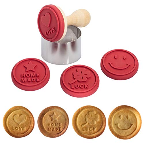 Westmark – Juego de Sellos para Galletas con 4 Cabezales Intercambiables Diseño de y Galletas Anillo, diámetro: 5,8 cm, Madera/Silicona/Acero Inoxidable, Marrón Claro/Rojo/Plata, 30372260