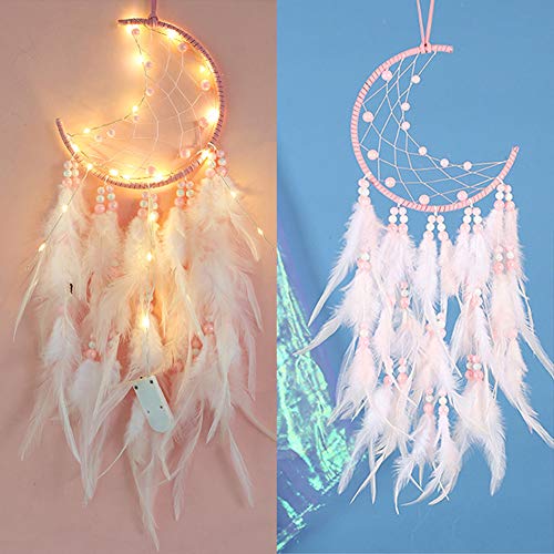 Xiangmall Atrapasueños Led con Plumas Hecho a Mano Dream Catcher Adornos Colgar Pared para Decoración Hogar Dormitorio Habitación Infantil (Rosado)