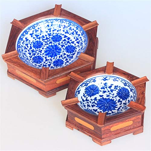 XIAOTIAN Niño y Madre cenicero Estilo Retro ébano salón Azul y Blanco cenicero de Porcelana de Madera sólida Personalidad Creativa Tendencia decoración multifunción decoración Retro