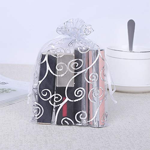 YFZYT Pack de 100 Bolsas de Organza, Bolsillo de la Bolsa de Joyas con Cordón y Patrón de Bronceado para Chocolate, Dulces, Galletas como Embalaje de Regalo - 15 x 20 cm, Blanco Plateado